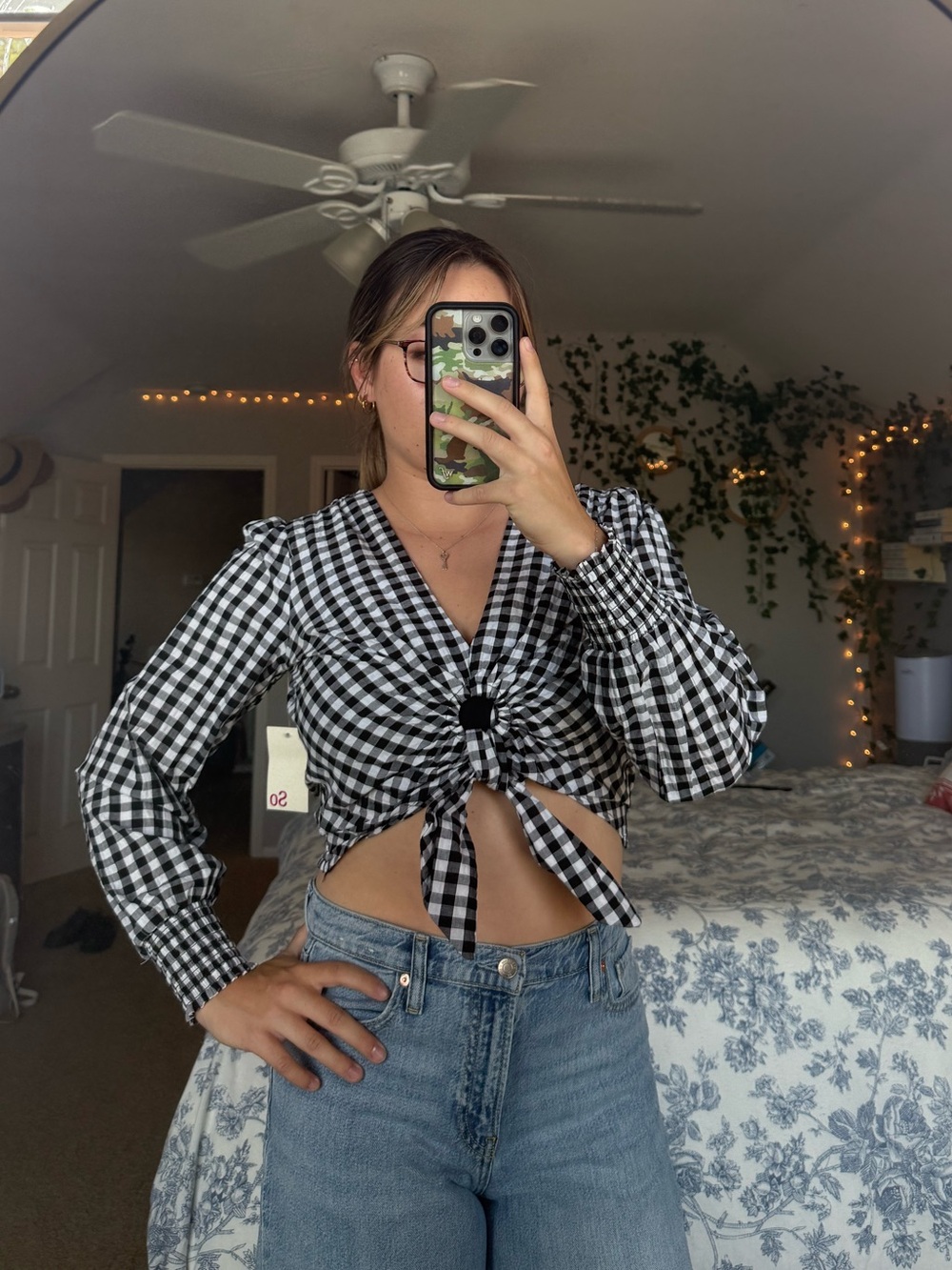 SO Black & White Gingham Tie-Front Crop Top